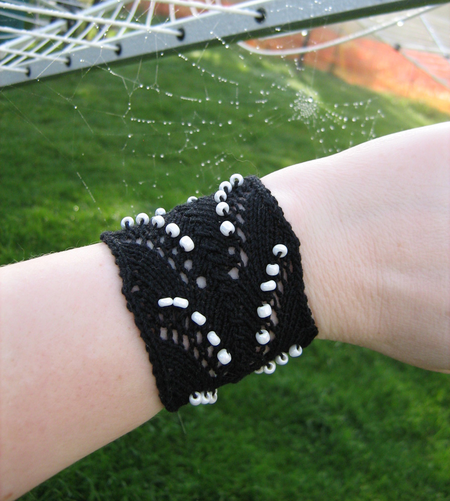 Black Cotton Knit Lace Cuff Bracelet with White Beads - Ready to Ship